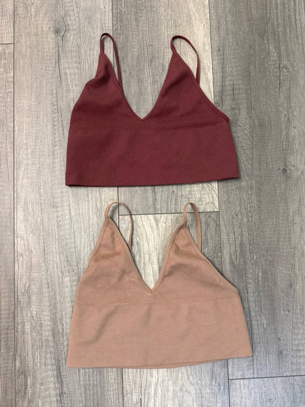By Together Ribbed V-Neck Bralette Duo - Wine and Dusty Pink